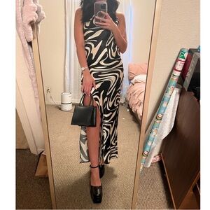 Topshop Abstract Print Satin Midi Dress | Asymmetric Strap Side Slit | Size US 4